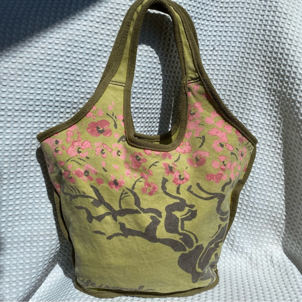 Organic cotton Floral summer Bag - pretty Olive green and Pink Sakura